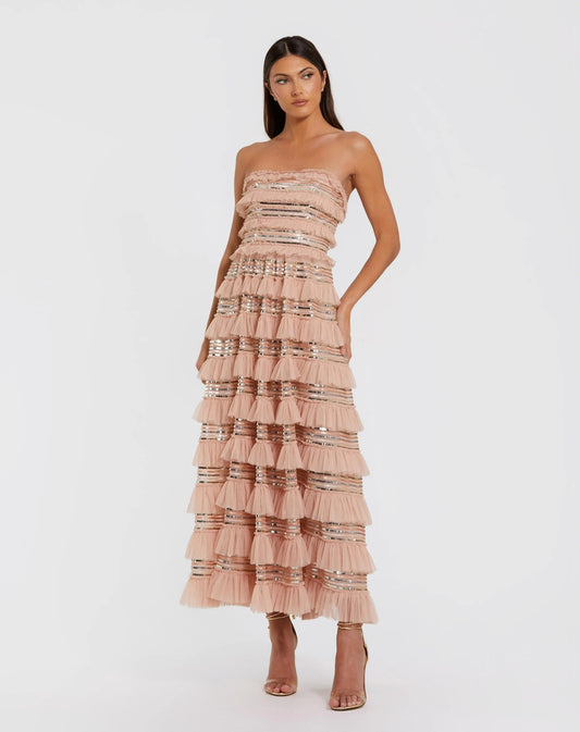 Mac Duggal Pink Strapless Sequin Micro Ruffle Maxi Dress
