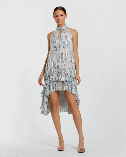 Mac Duggal Multicolor Floral High Neck Keyhole Ruffle Mini Dress