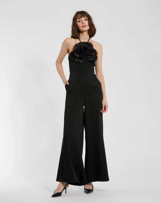 Mac Duggal Black Crepe Halter Neck Jumpsuit With Flower Duggal