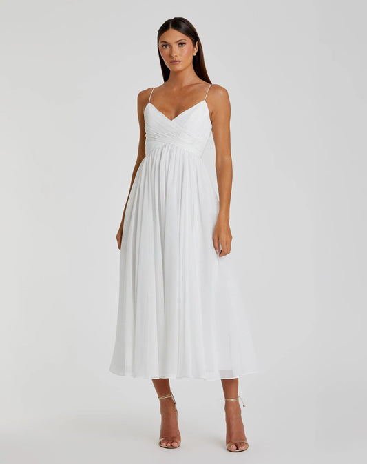 Mac Duggal White Faux Wrap Sleeveless Flowy Midi Dress Duggal