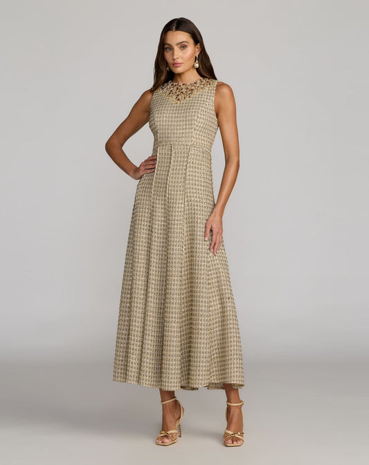 Mac Duggal Beige Embellished Boucle Sleeveless A-Line Dress