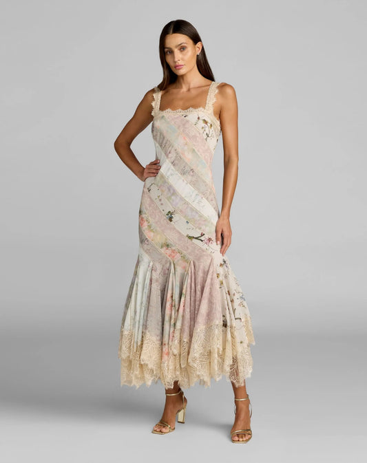 Mac Duggal Multicolor Floral Chiffon Midi Dress With Lace Trim