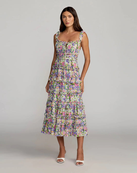Mac Duggal Multicolor Floral Tiered Cotton Midi Dress