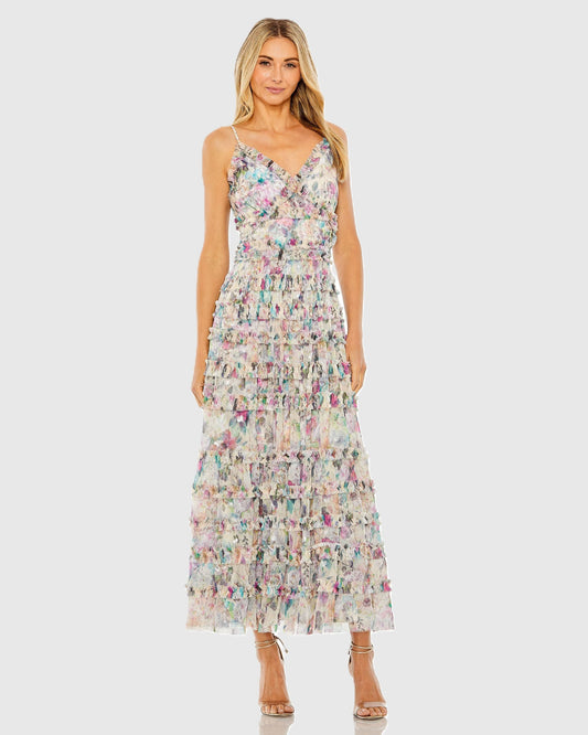 Mac Duggal Multicolor Floral Sequined Tiered Ruffle Midi Dress