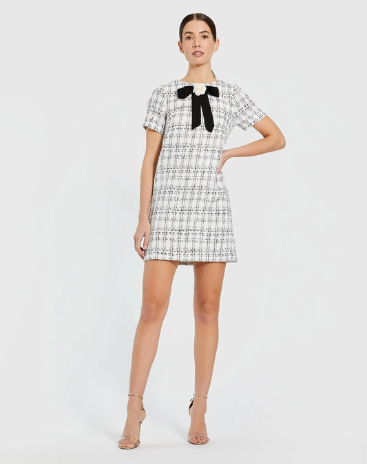 Mac Duggal White Short Sleeve Boucle Mini Dress with Bow