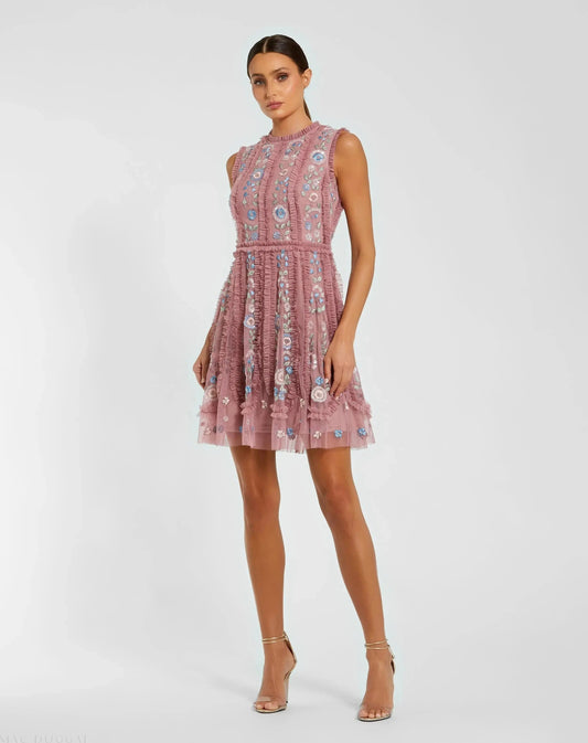 Mac Duggal Pink Sleeveless High Neck Embroidered Mini Dress