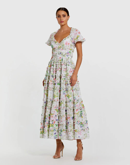 Mac Duggal White Floral Ruffle Open Back Cotton Midi Dress