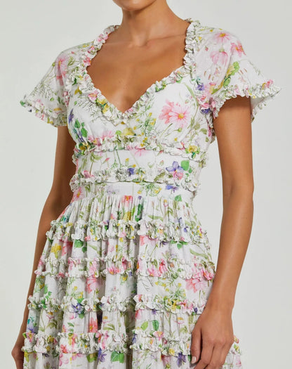 Mac Duggal White Floral Ruffle Open Back Cotton Midi Dress