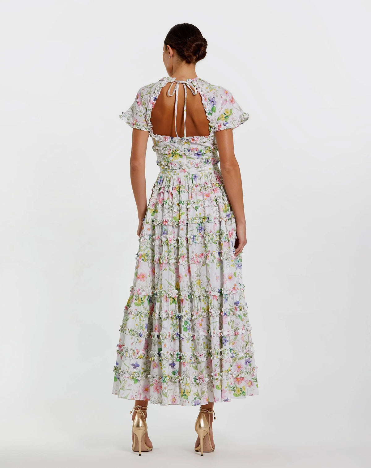 Mac Duggal White Floral Ruffle Open Back Cotton Midi Dress