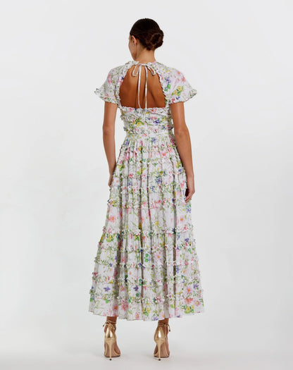Mac Duggal White Floral Ruffle Open Back Cotton Midi Dress