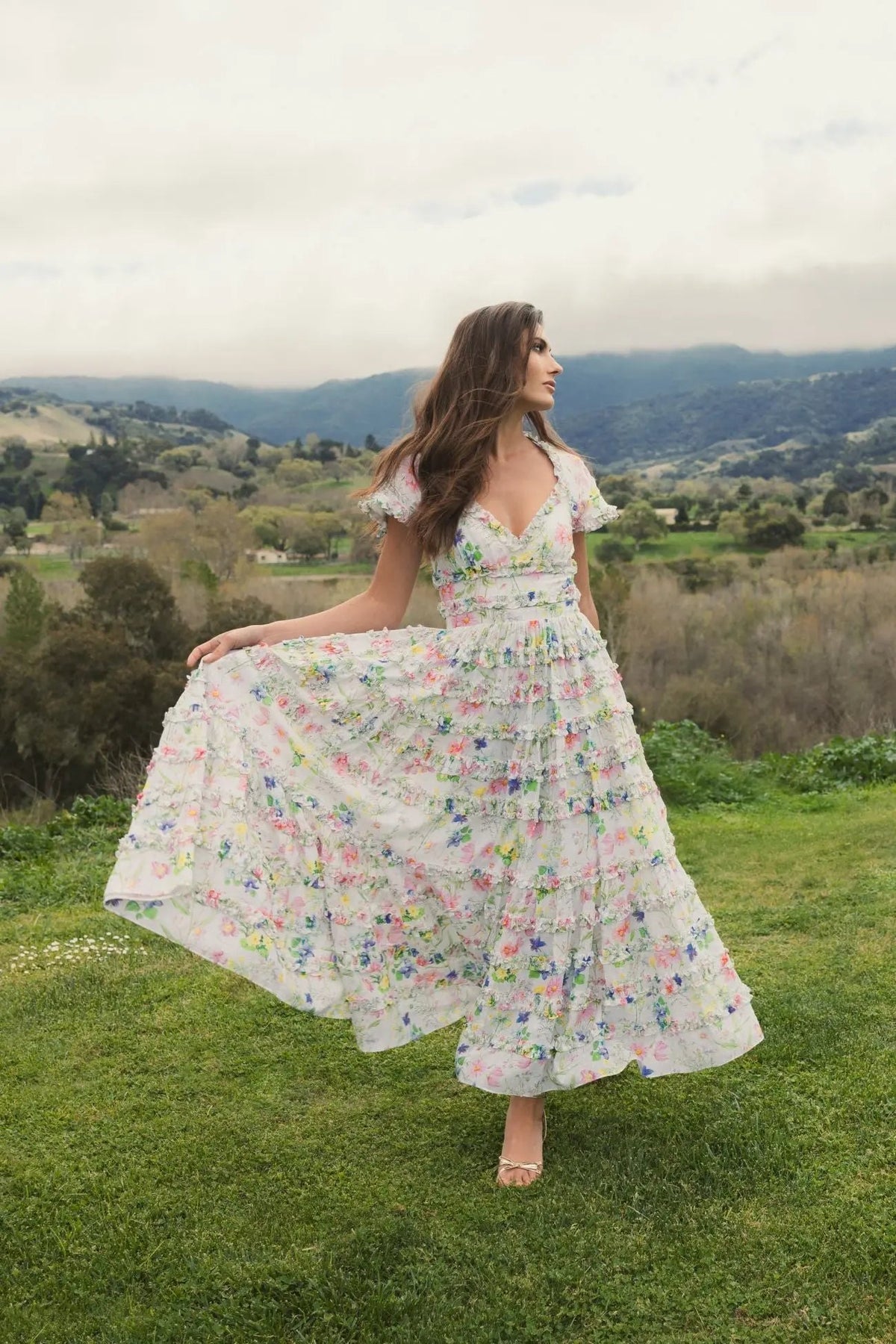 Mac Duggal White Floral Ruffle Open Back Cotton Midi Dress