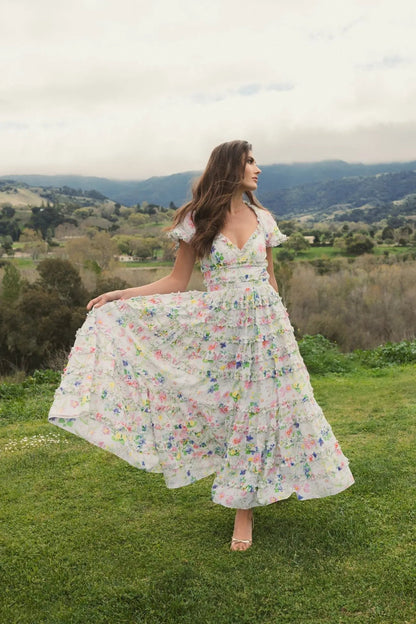 Mac Duggal White Floral Ruffle Open Back Cotton Midi Dress