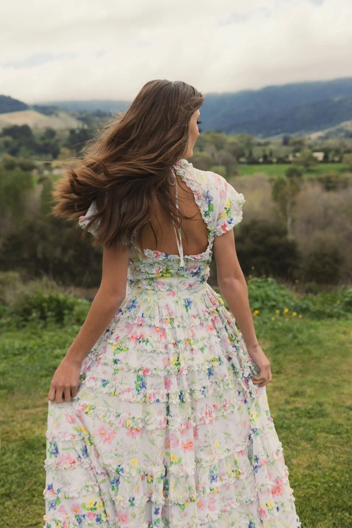 Mac Duggal White Floral Ruffle Open Back Cotton Midi Dress
