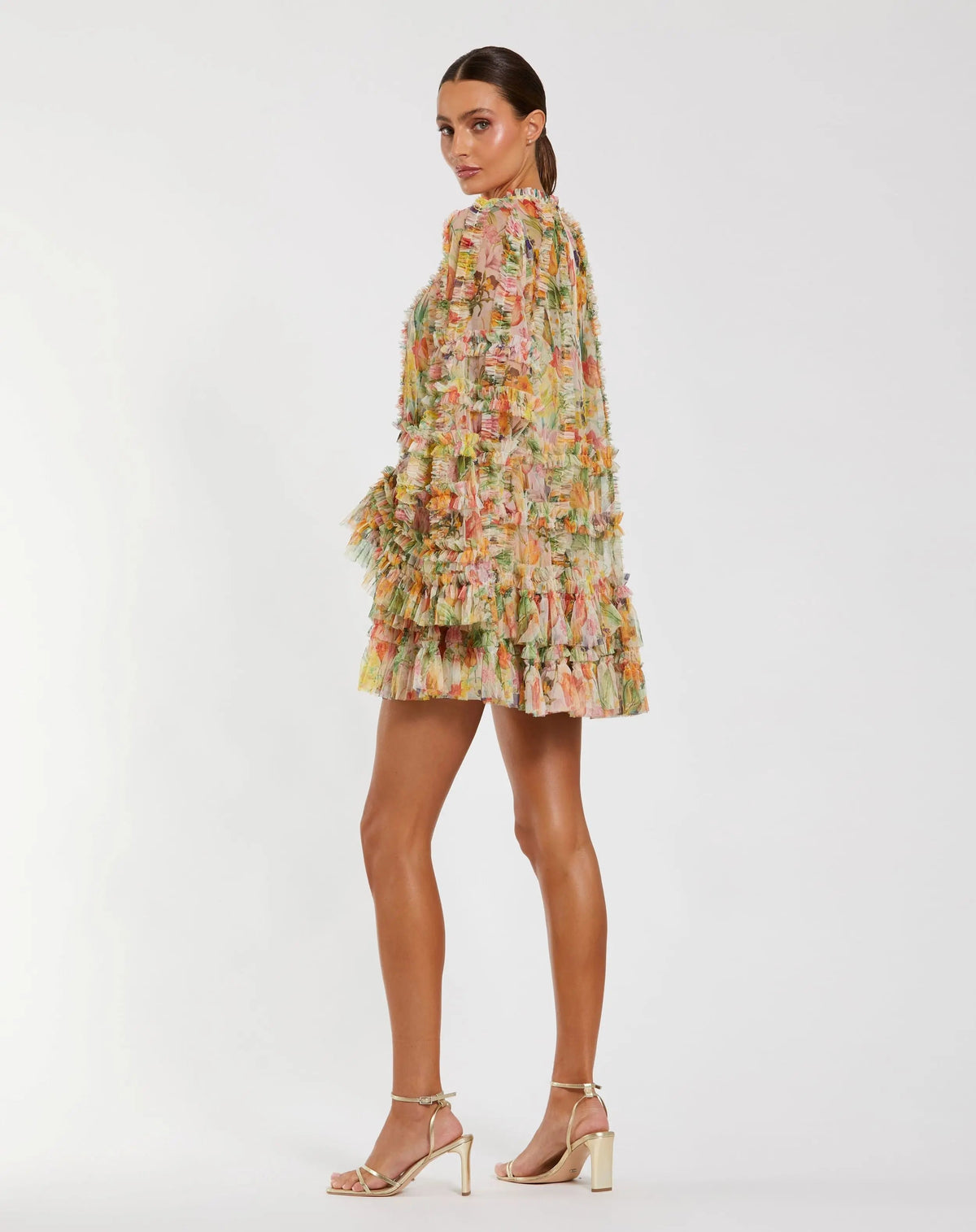 Mac Duggal Multicolor Printed Mesh Ruffle High Neck Mini Dress