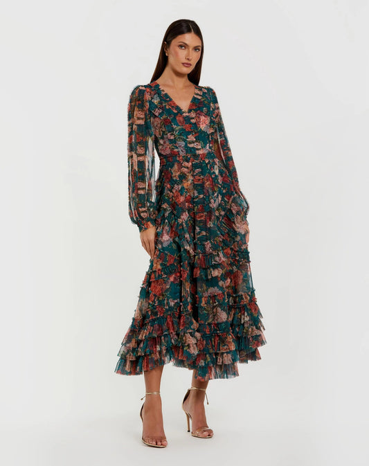 Mac Duggal Teal Long Sleeve Floral Midi Dress With Ruffles