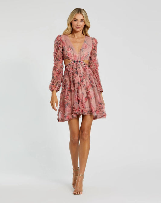 Mac Duggal Long Sleeve V Neck Cut Out Mesh Mini Dress Duggal