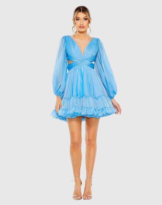 Mac Duggal Blue Chiffon Cut Out Long Sleeve Mini Dress