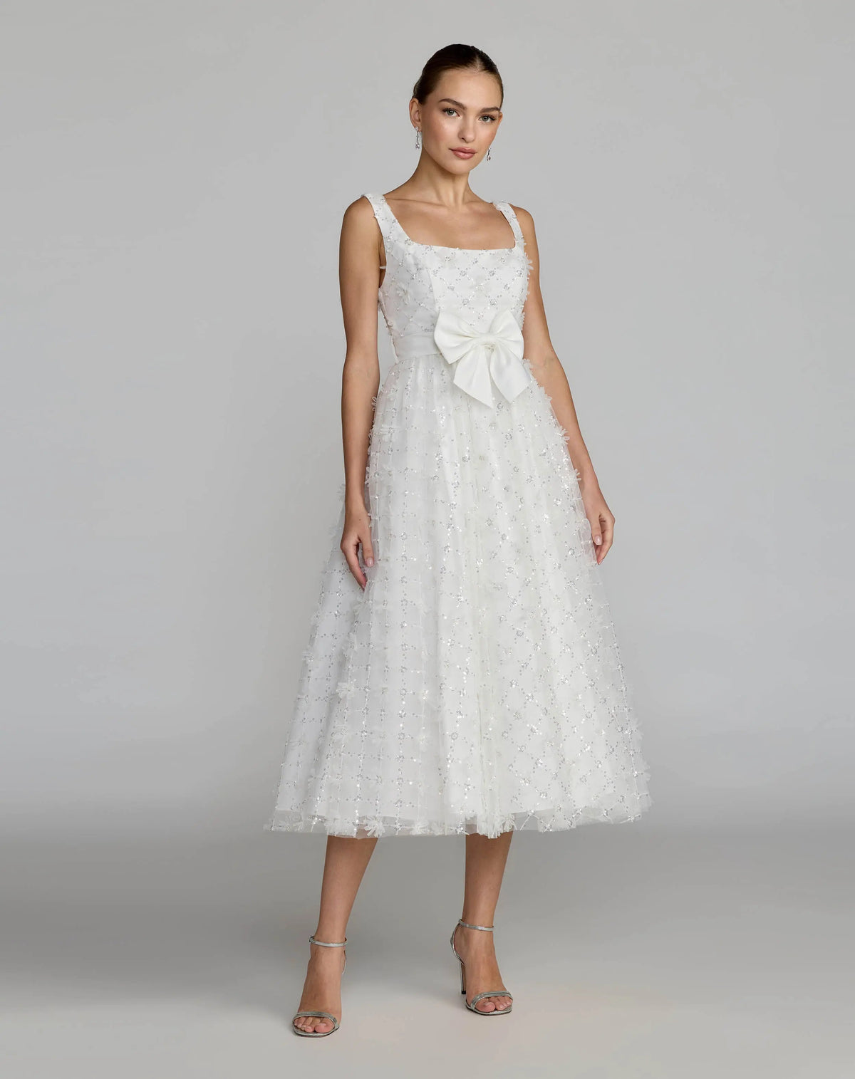 Mac Duggal White Embellished Tulle Midi Dress with Satin Bow