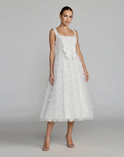 Mac Duggal White Embellished Tulle Midi Dress with Satin Bow