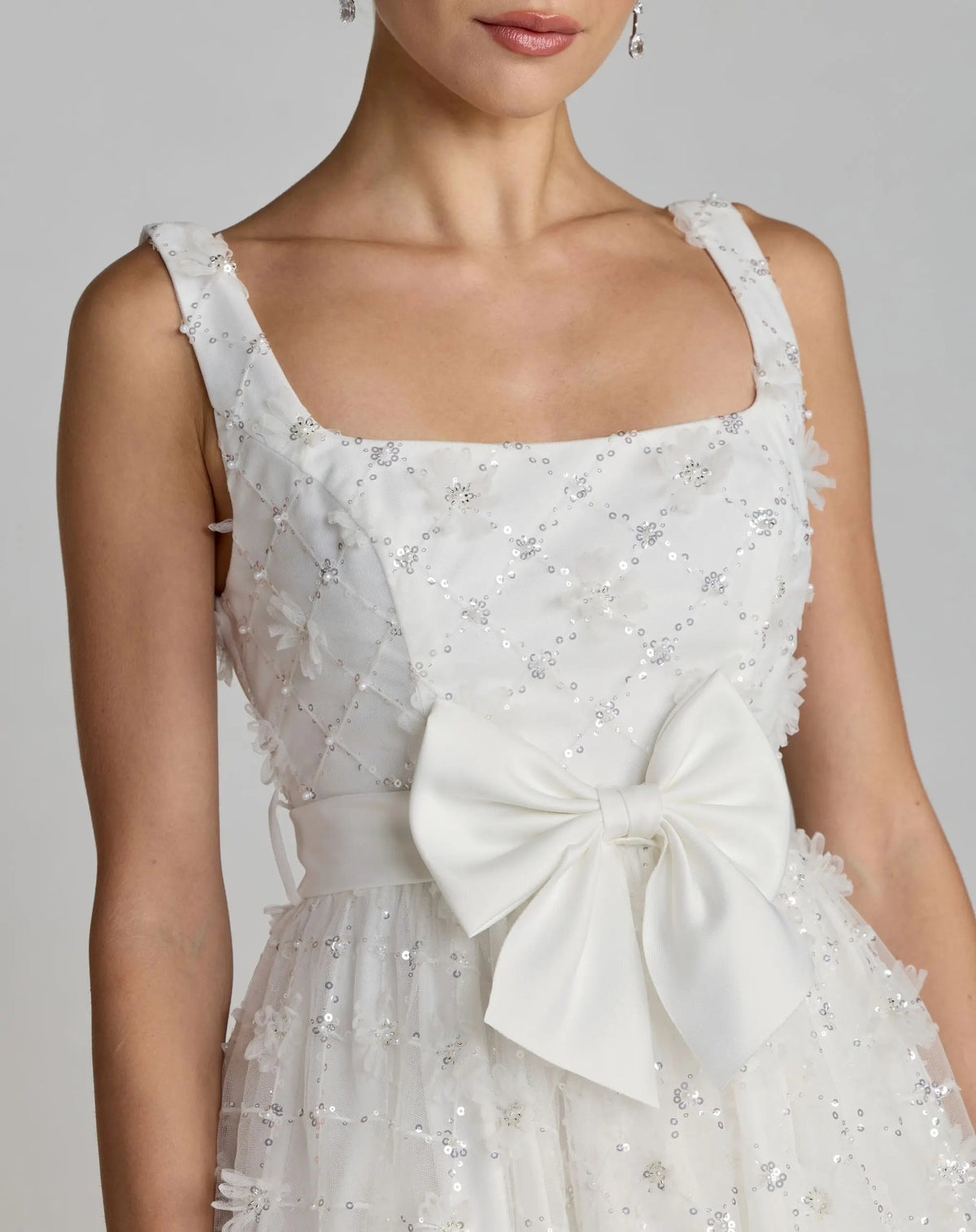 Mac Duggal White Embellished Tulle Midi Dress with Satin Bow