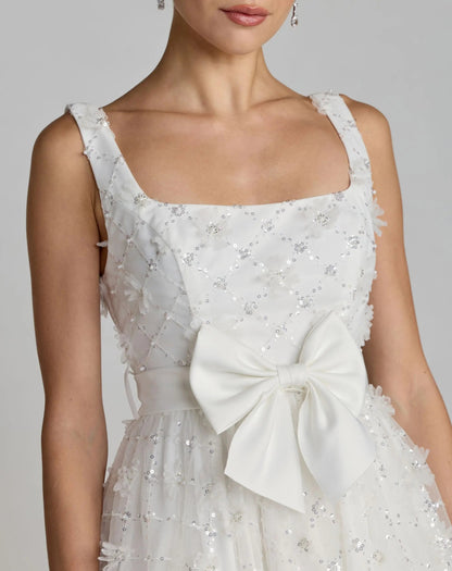 Mac Duggal White Embellished Tulle Midi Dress with Satin Bow