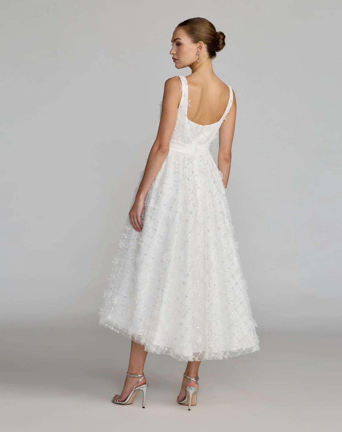 Mac Duggal White Embellished Tulle Midi Dress with Satin Bow