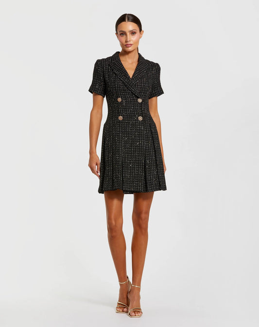 Mac Duggal Black Short Sleeve V Neck Tweed Blazer Mini Dress