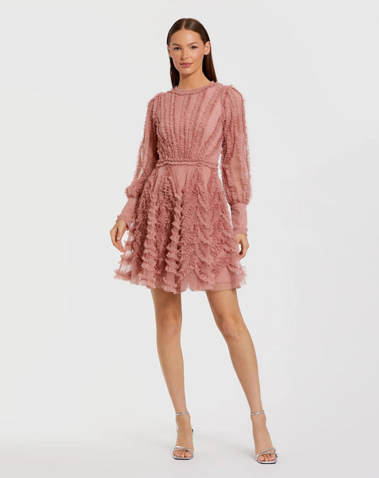 Mac Duggal Pink Ruffle Lace Up Back Long Sleeve Mini Dress