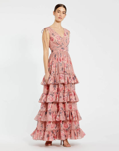 Mac Duggal Pink Drawstring Shoulder Chiffon Tiered Floral Dress