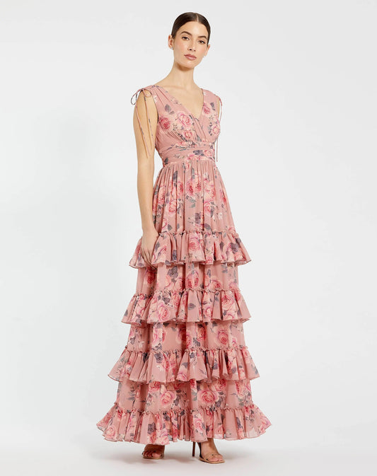 Mac Duggal Pink Drawstring Shoulder Chiffon Tiered Floral Dress