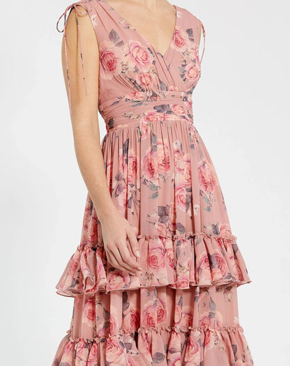 Mac Duggal Pink Drawstring Shoulder Chiffon Tiered Floral Dress