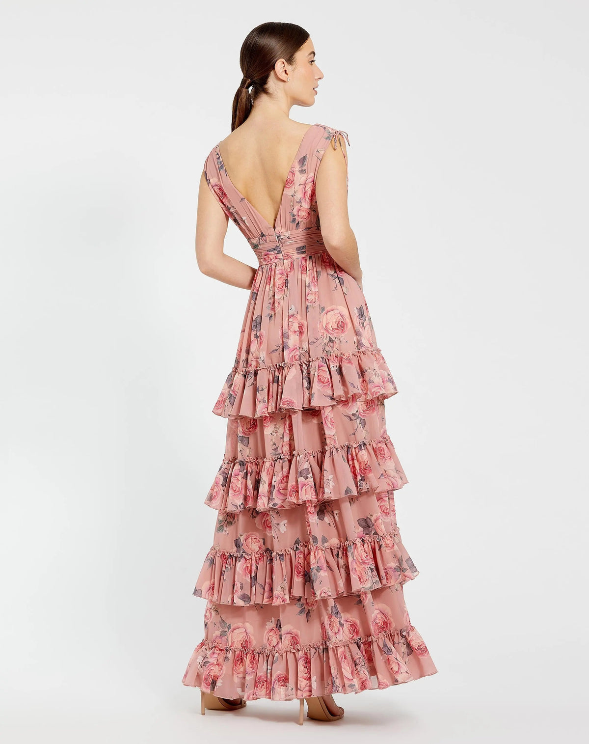 Mac Duggal Pink Drawstring Shoulder Chiffon Tiered Floral Dress