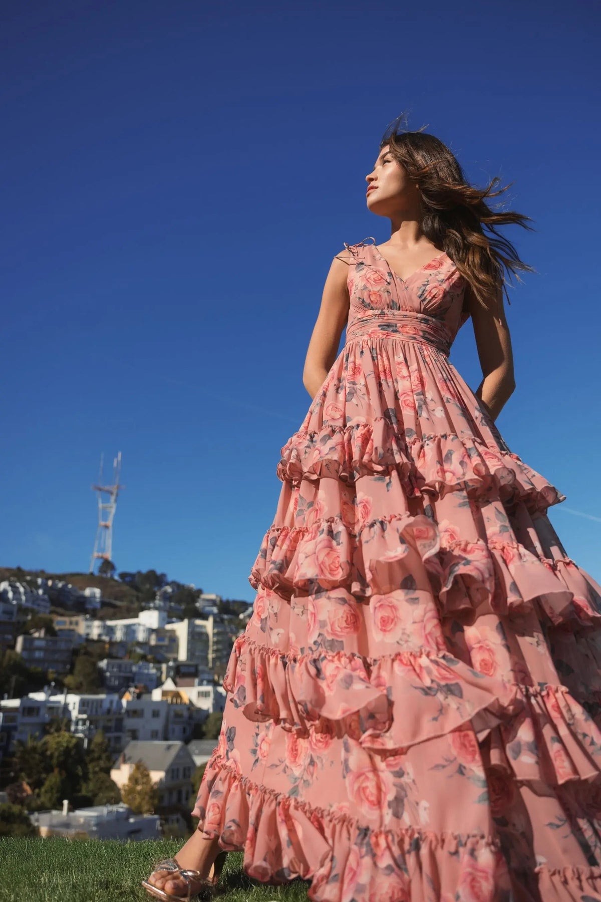 Mac Duggal Pink Drawstring Shoulder Chiffon Tiered Floral Dress