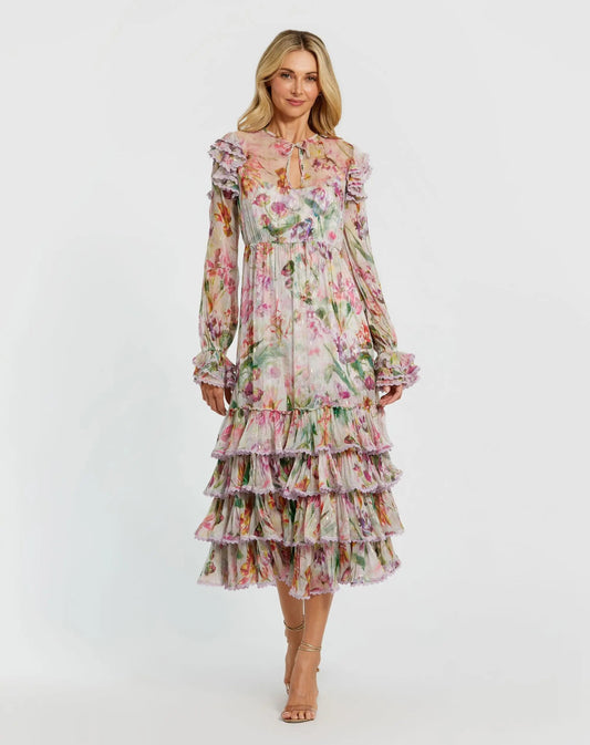 Mac Duggal Multicolor Long Sleeve Ruffle Detail Floral Shift Dress | Mac