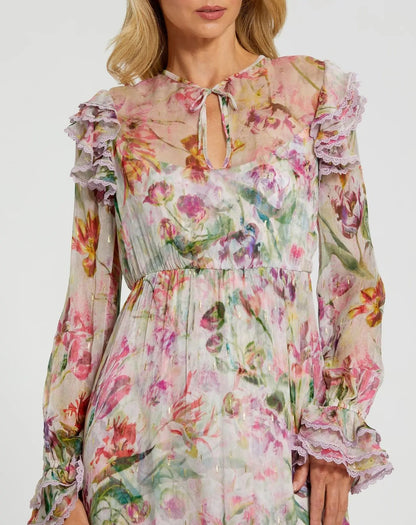Mac Duggal Multicolor Long Sleeve Ruffle Detail Floral Shift Dress | Mac
