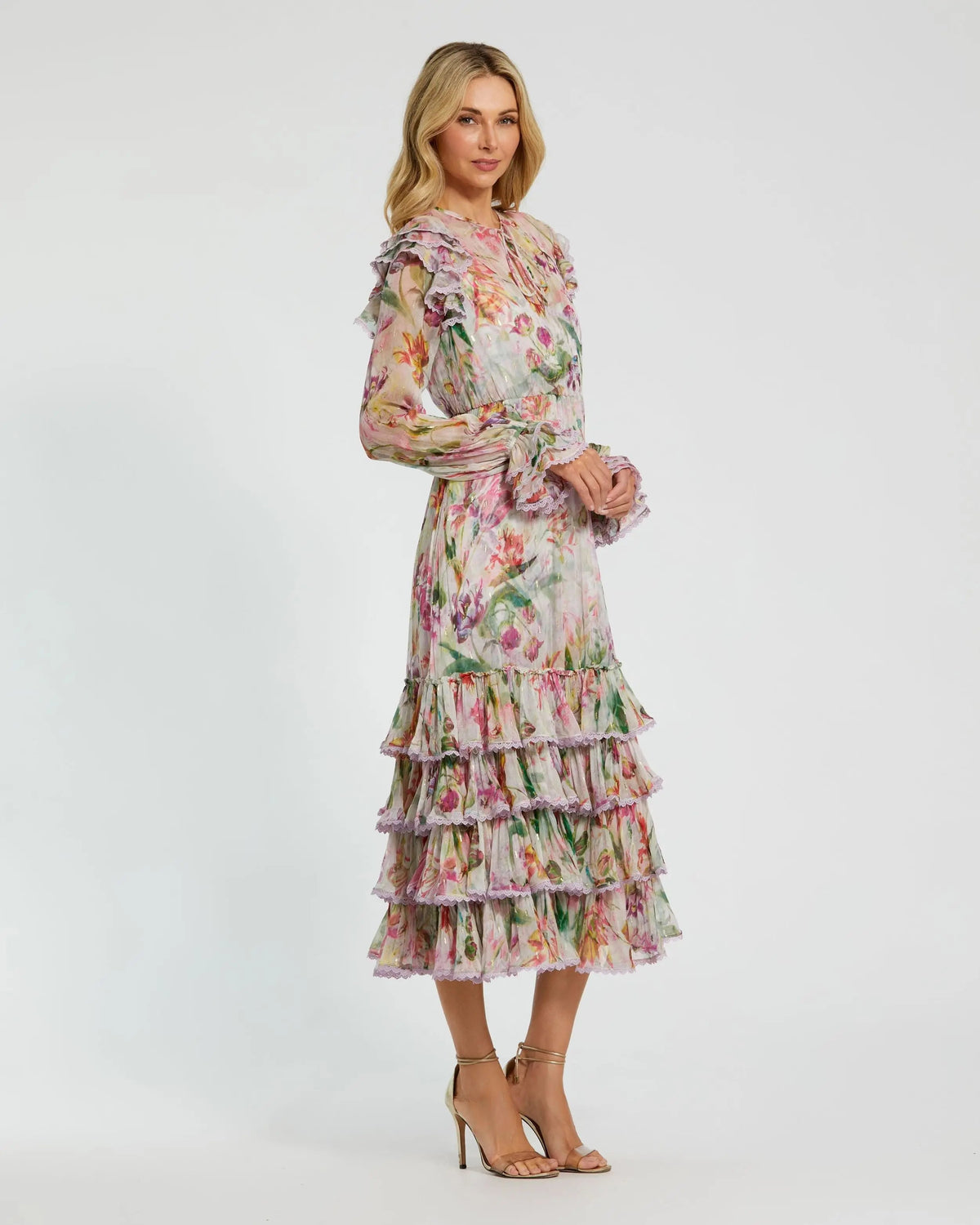 Mac Duggal Multicolor Long Sleeve Ruffle Detail Floral Shift Dress | Mac