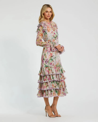 Mac Duggal Multicolor Long Sleeve Ruffle Detail Floral Shift Dress | Mac