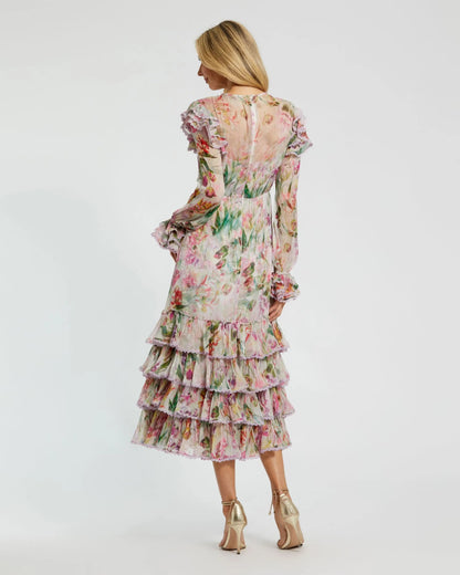 Mac Duggal Multicolor Long Sleeve Ruffle Detail Floral Shift Dress | Mac
