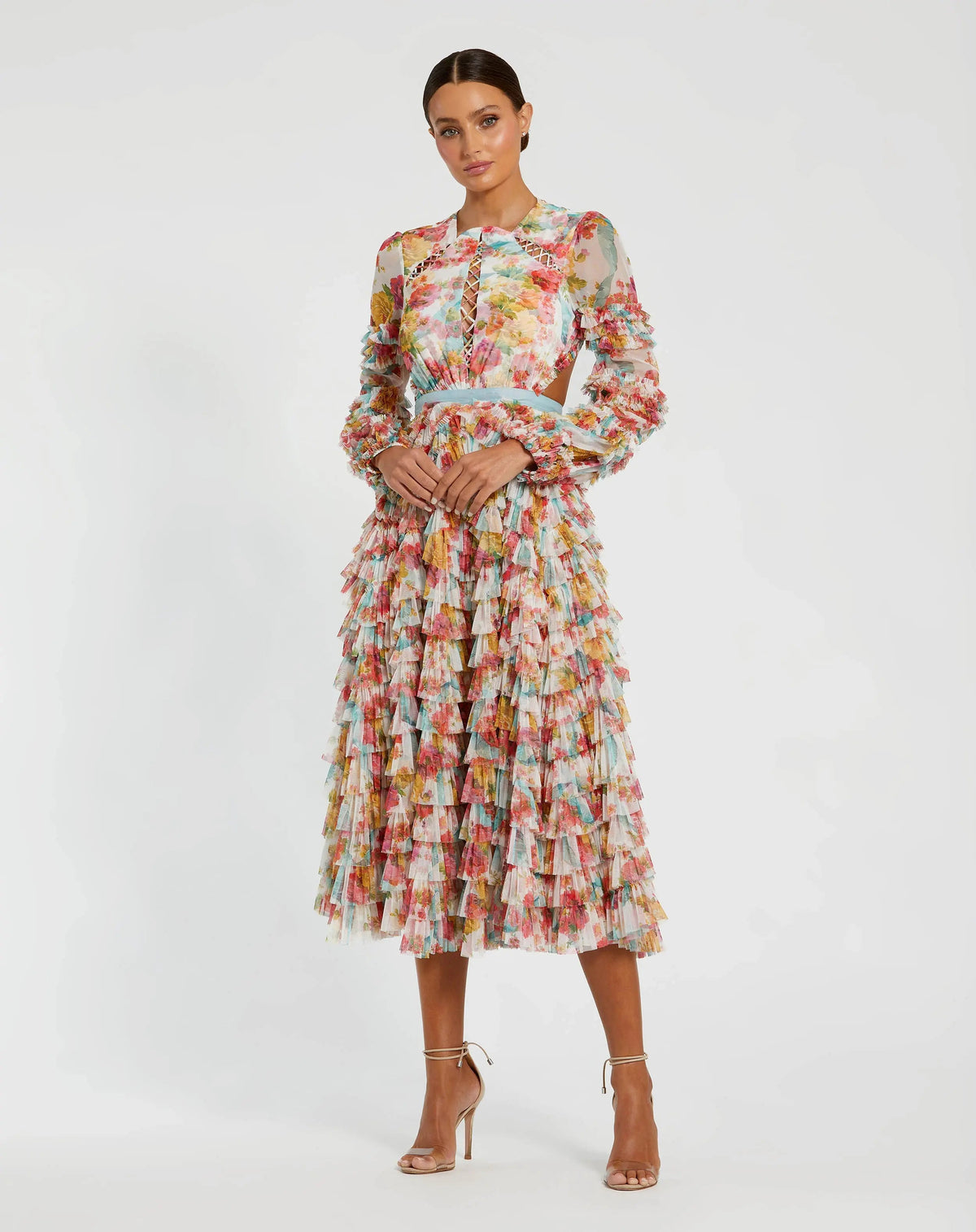 Mac Duggal Multicolor Long Sleeve Ruffle Criss Cross Midi Dress