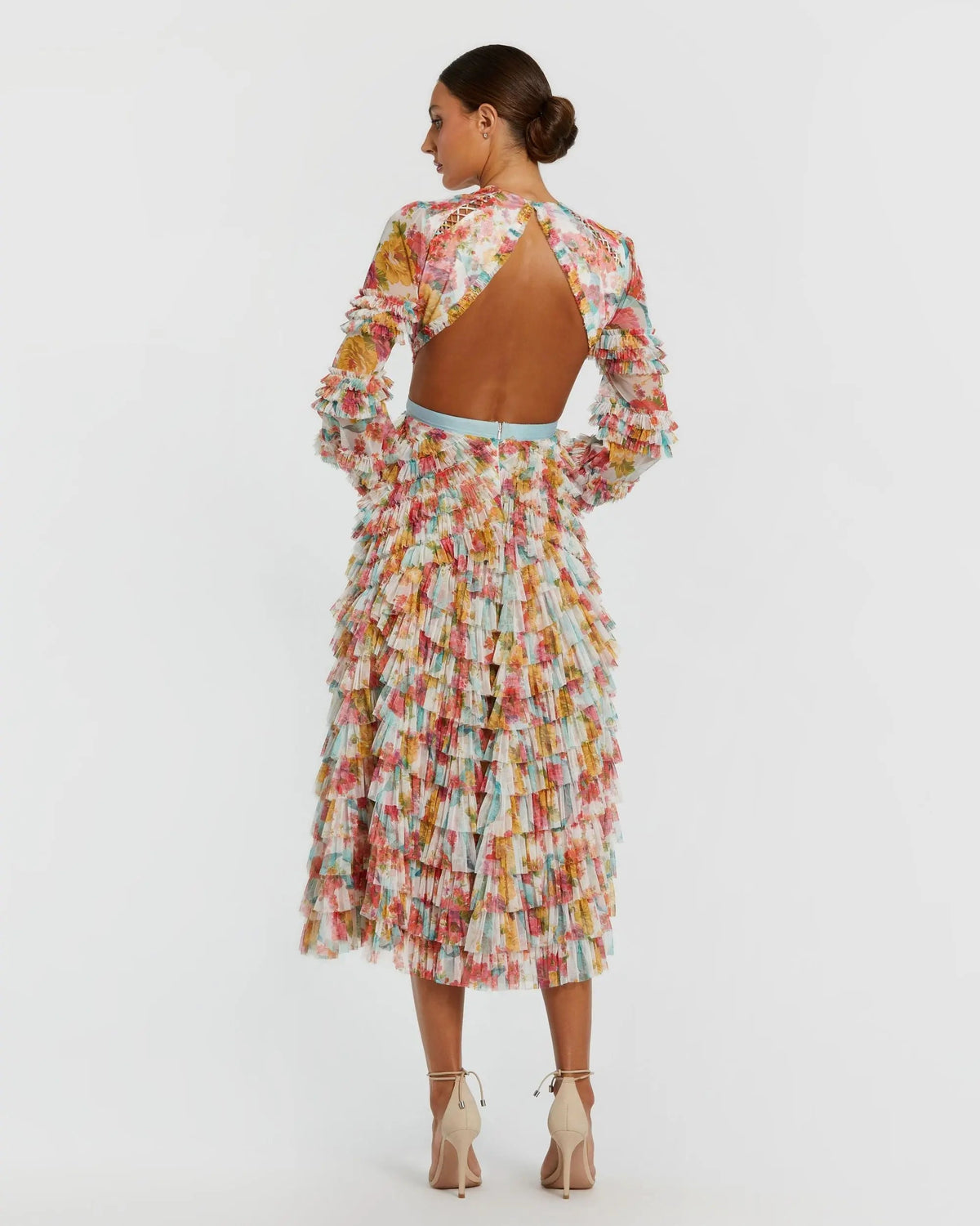 Mac Duggal Multicolor Long Sleeve Ruffle Criss Cross Midi Dress