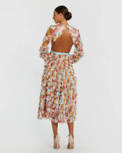 Mac Duggal Multicolor Long Sleeve Ruffle Criss Cross Midi Dress
