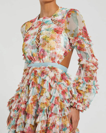 Mac Duggal Multicolor Long Sleeve Ruffle Criss Cross Midi Dress