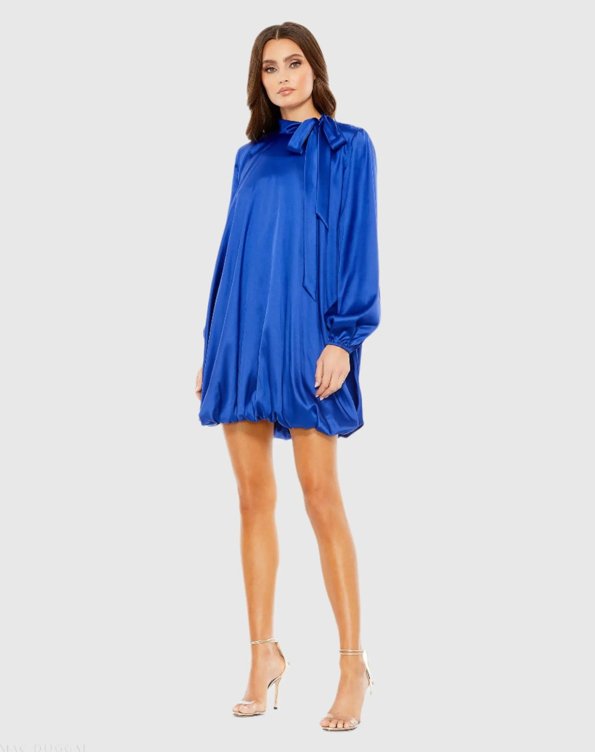 Mac Duggal Blue High Neck Long Sleeve Bubble Hem Dress
