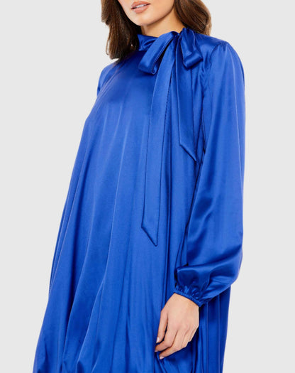 Mac Duggal Blue High Neck Long Sleeve Bubble Hem Dress