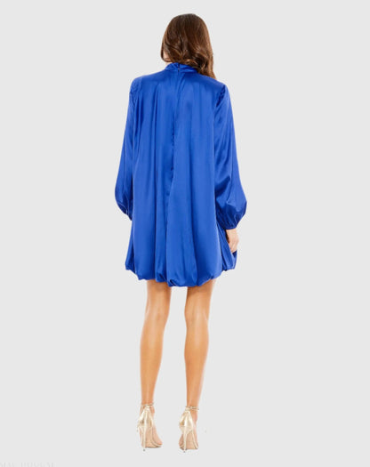Mac Duggal Blue High Neck Long Sleeve Bubble Hem Dress