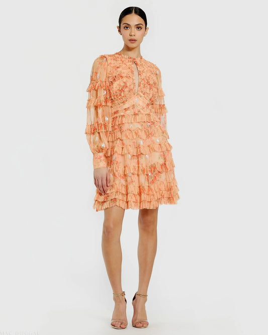 Mac Duggal Orange Key Hole Detail Long Sleeve Dress
