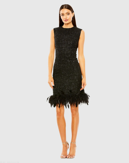 Mac Duggal Black A-Line Shift Dress with Feather Trim