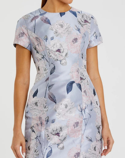 Mac Duggal Blue Cap Sleeve Fitted Floral Mini Dress