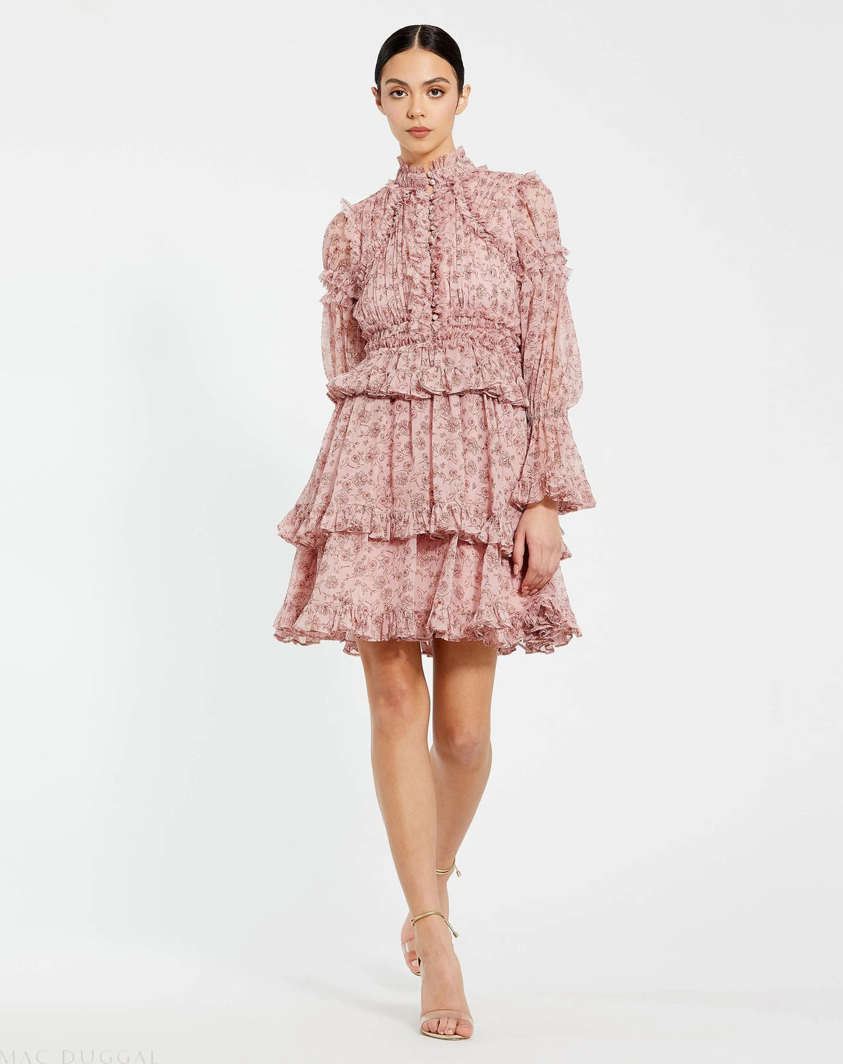 Mac Duggal Pink Long Sleeve Mock Neck Ruffle Mini Dress