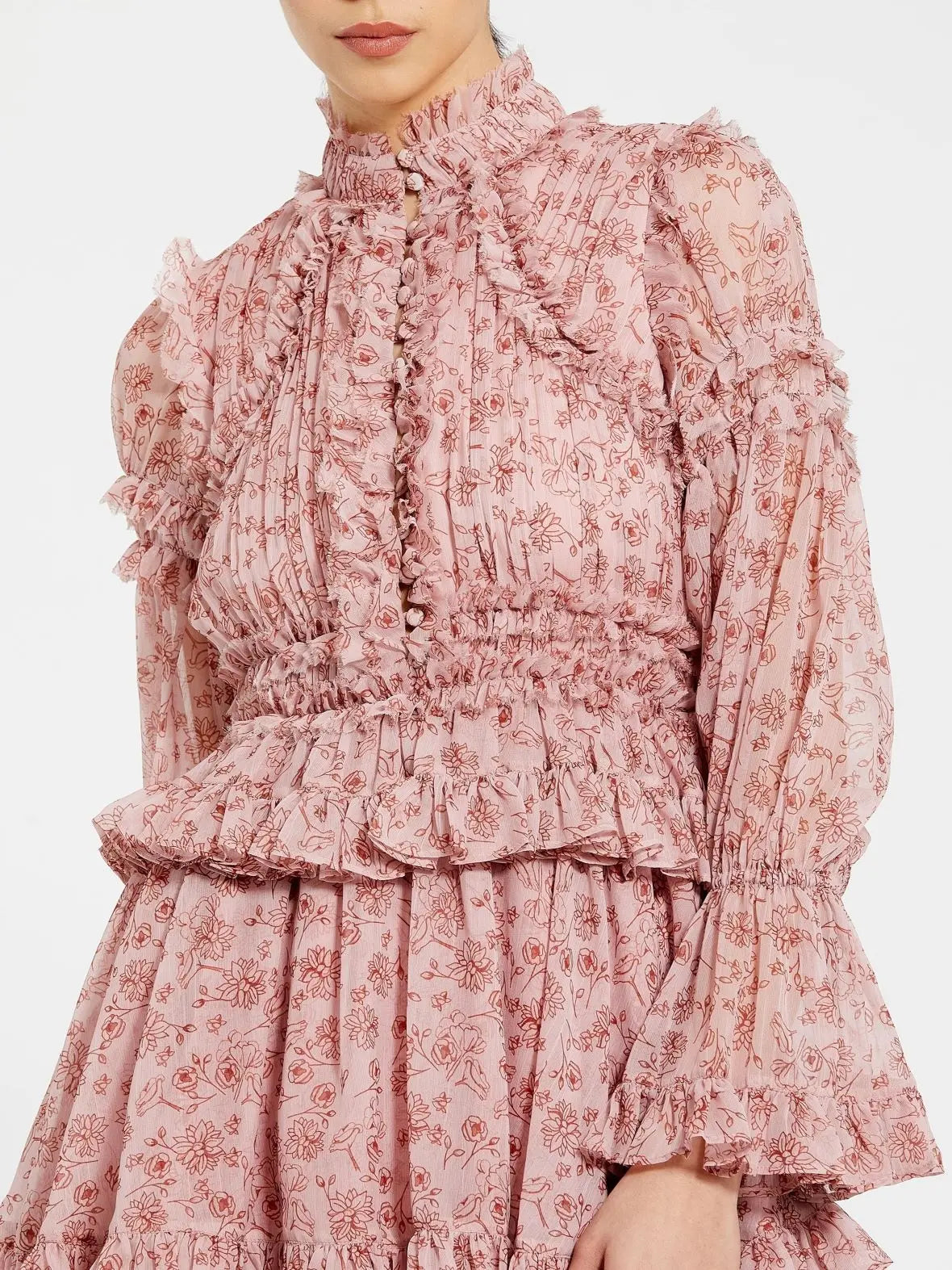 Mac Duggal Pink Long Sleeve Mock Neck Ruffle Mini Dress